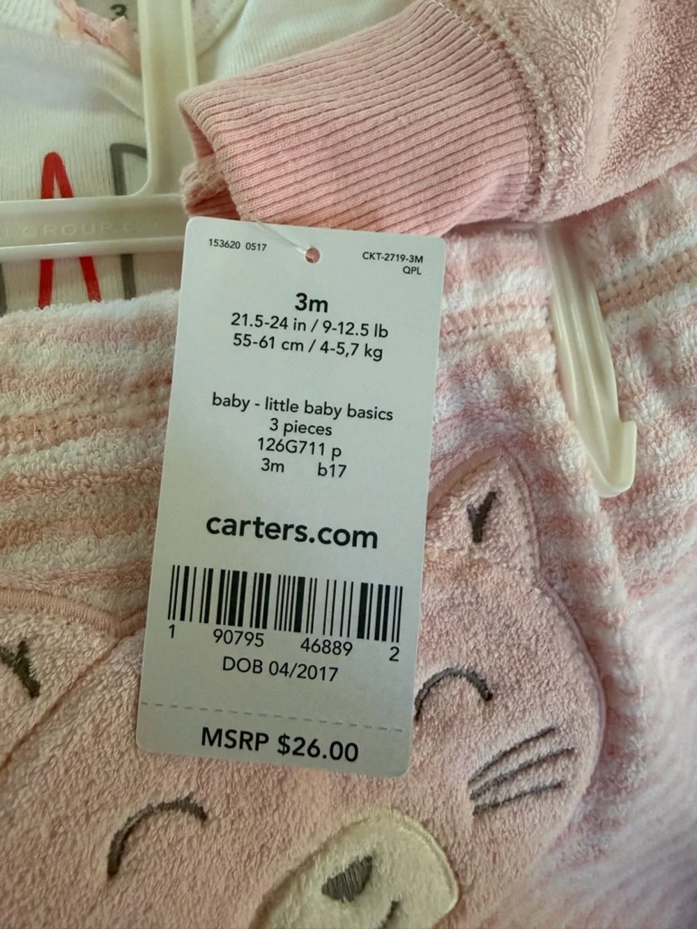 Carters Infant 3 Month Pink 3 Piece Set Pants One Piece And Zip Up